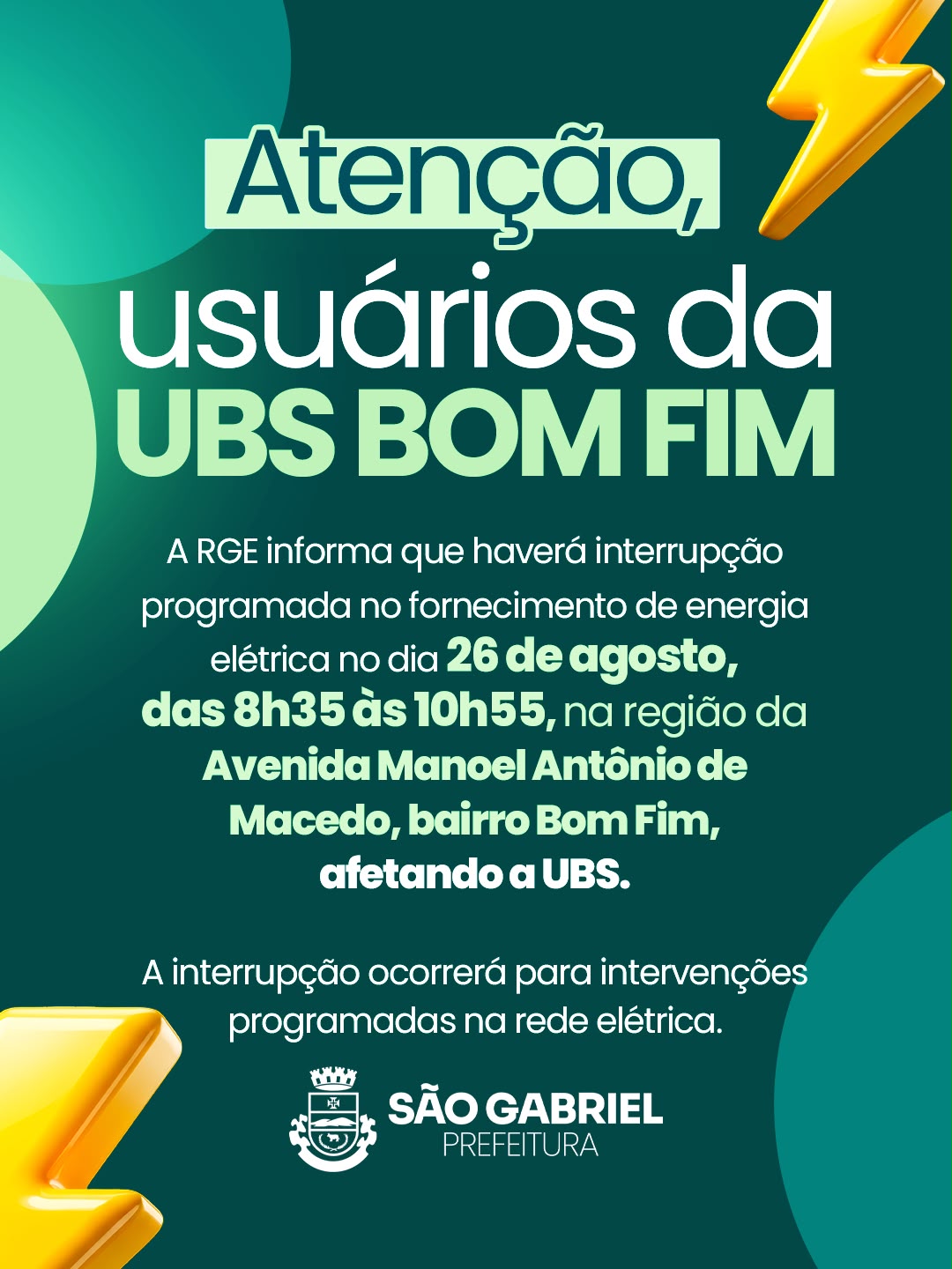 Interrupção programada de energia elétrica afetará UBS Bom Fim nesta quarta-feira (26)