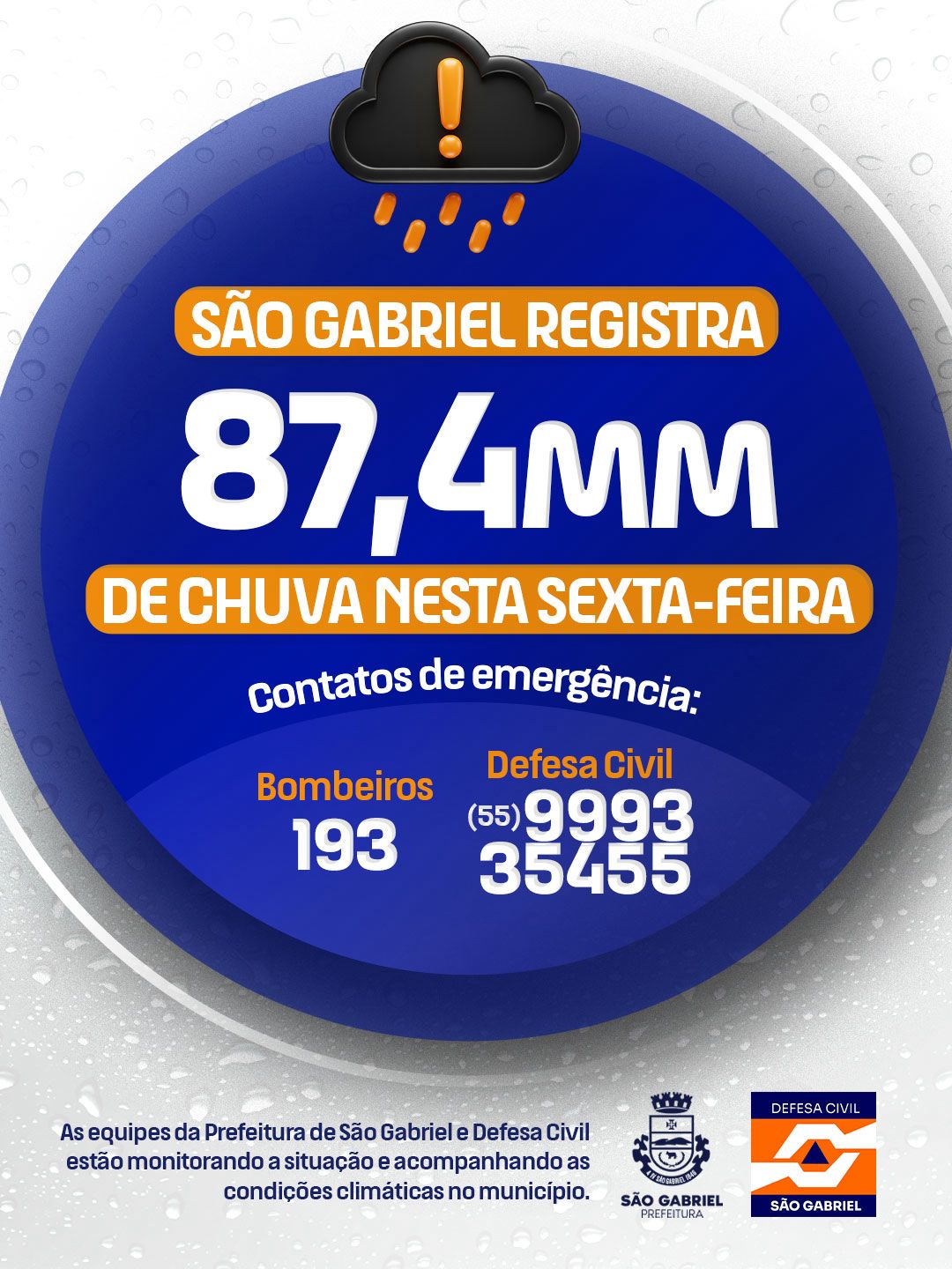 Defesa Civil mobiliza equipes e atende ocorrências durante chuva intensa em São Gabriel