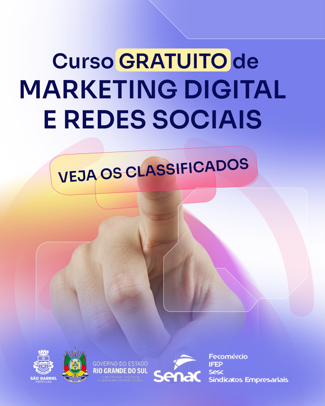 Prefeitura divulga classificados para curso gratuito de Marketing Digital e Redes Sociais Capacitação será realizada pelo SENAC, de 7 a 27 de outubro, por meio do Programa RS Qualificação Recomeçar
