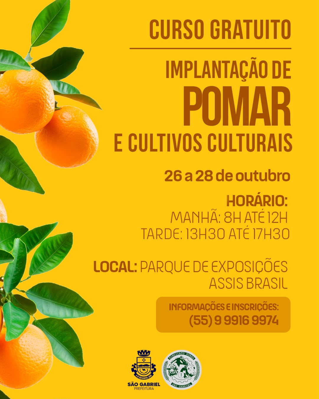 Prefeitura abre inscrições para cursos gratuitos de apicultura e implantação de pomares em São Gabriel Capacitações são promovidas pela Prefeitura, em parceria com o SENAR e o Sindicato Rural, e serão realizadas no Parque de Exposições Assis Brasil