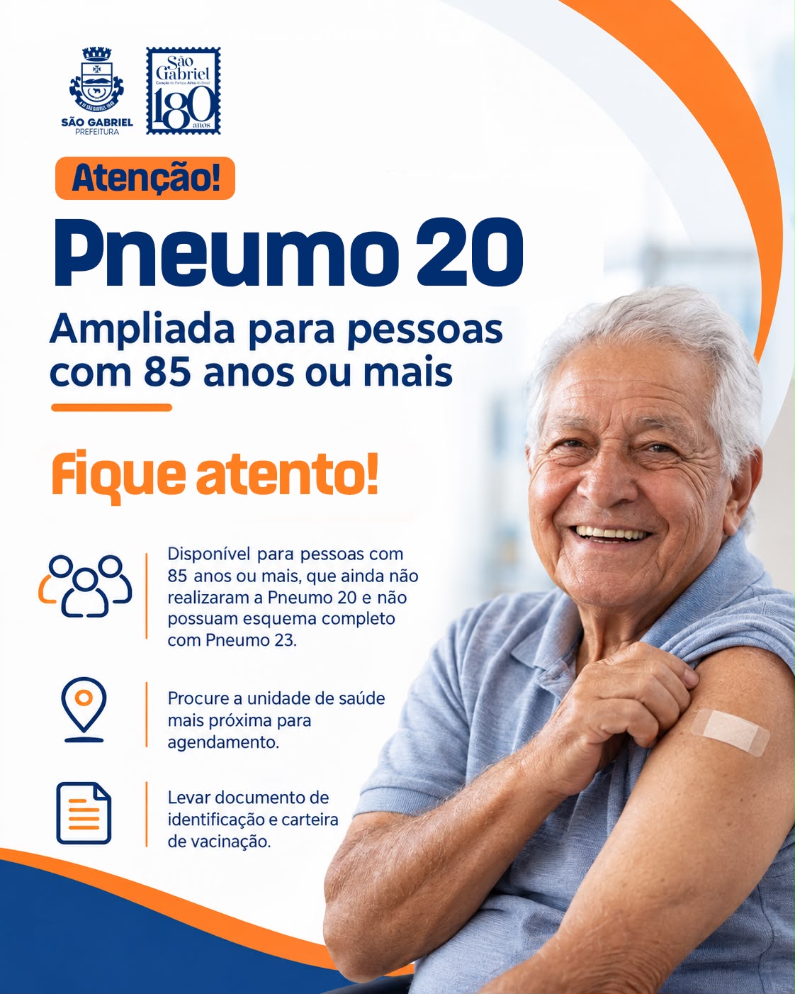 Prefeitura amplia vacinação contra a Pneumo 20 para pessoas com 85 anos ou mais em São Gabriel