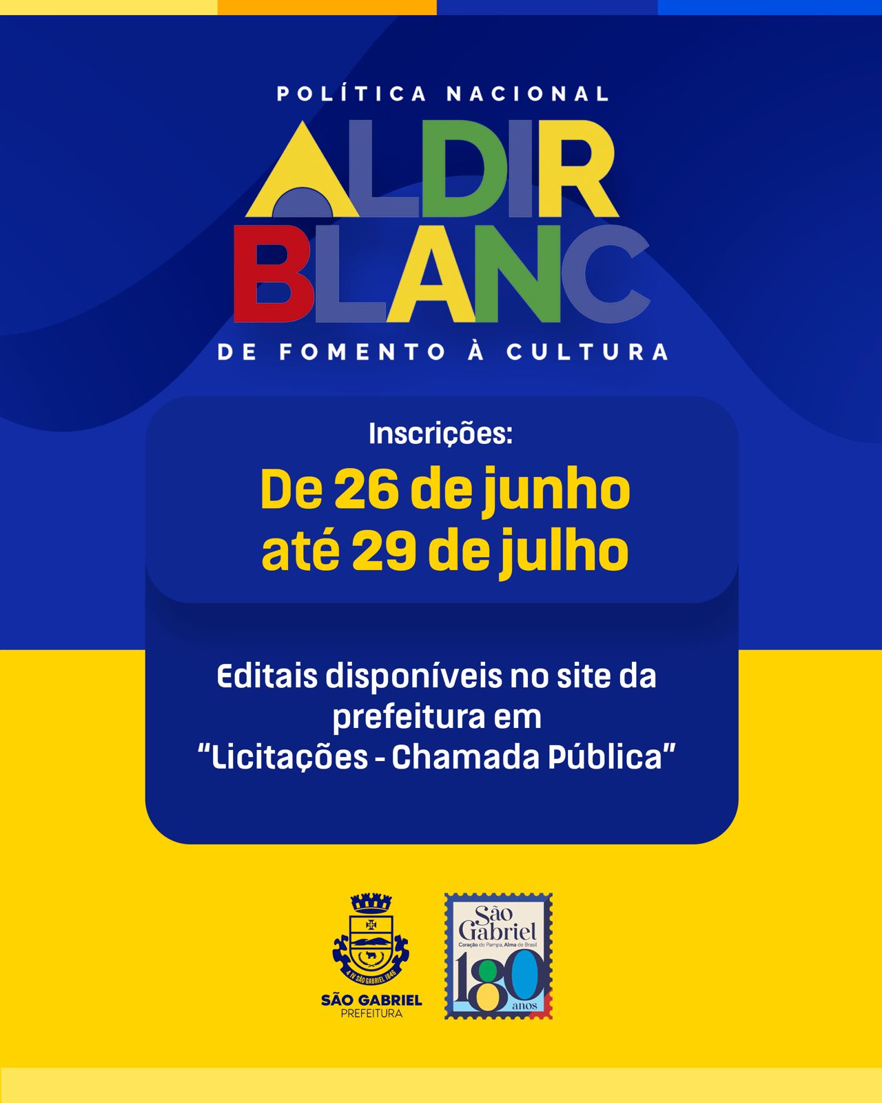 Prefeitura de São Gabriel abre inscrições para Lei Aldir Blanc que destinam mais de R$ 221 mil para projetos culturais