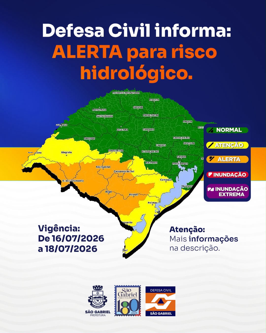 Defesa Civil alerta para risco de elevação dos níveis dos rios e alagamentos
