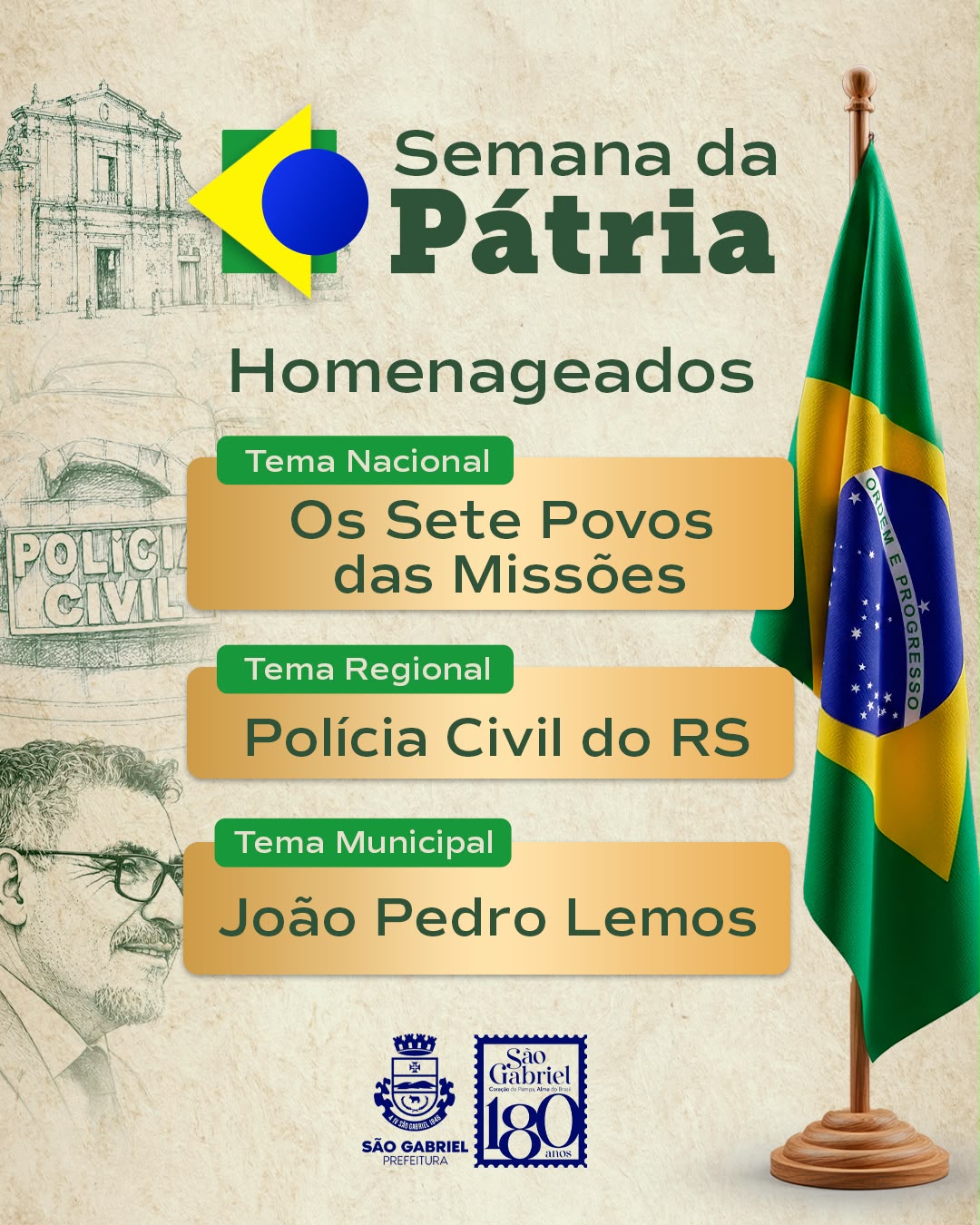 Semana da Pátria 2026 terá homenagens aos Sete Povos das Missões, Polícia Civil e ao comunicador João Pedro Lemos