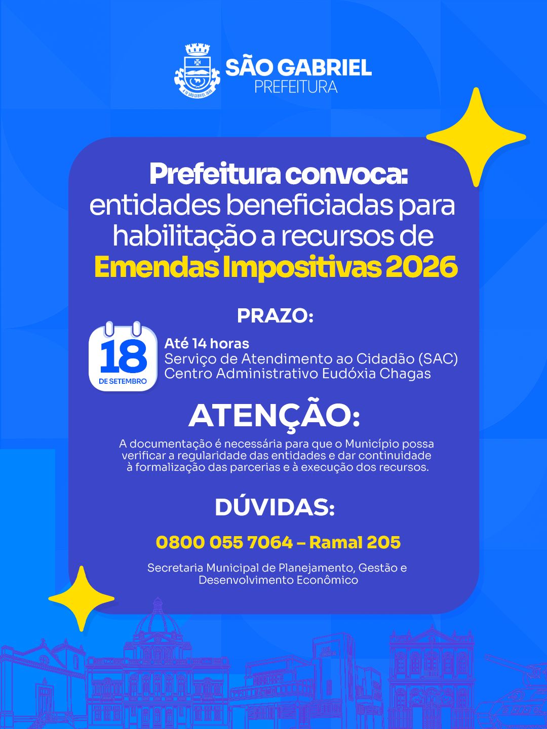 Prefeitura convoca Entidades da Sociedade Civil Beneficiadas para habilitação a recursos de Emendas Parlamentares 2026 - Ciclo 2