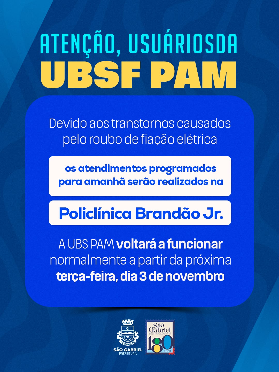 Atendimentos da UBS PAM serão realizados na Policlínica Brandão Júnior nesta quinta-feira